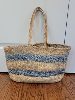 Woven Straw Tote Bag with Blue Stripe